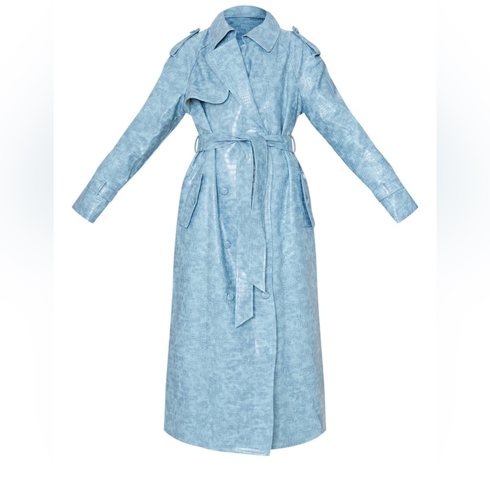 Pale blue croc pu trench coat